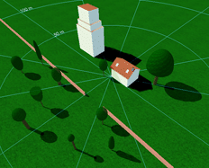Click, drag and scale 3D objects such as buildings, trees, walls and telephone masts